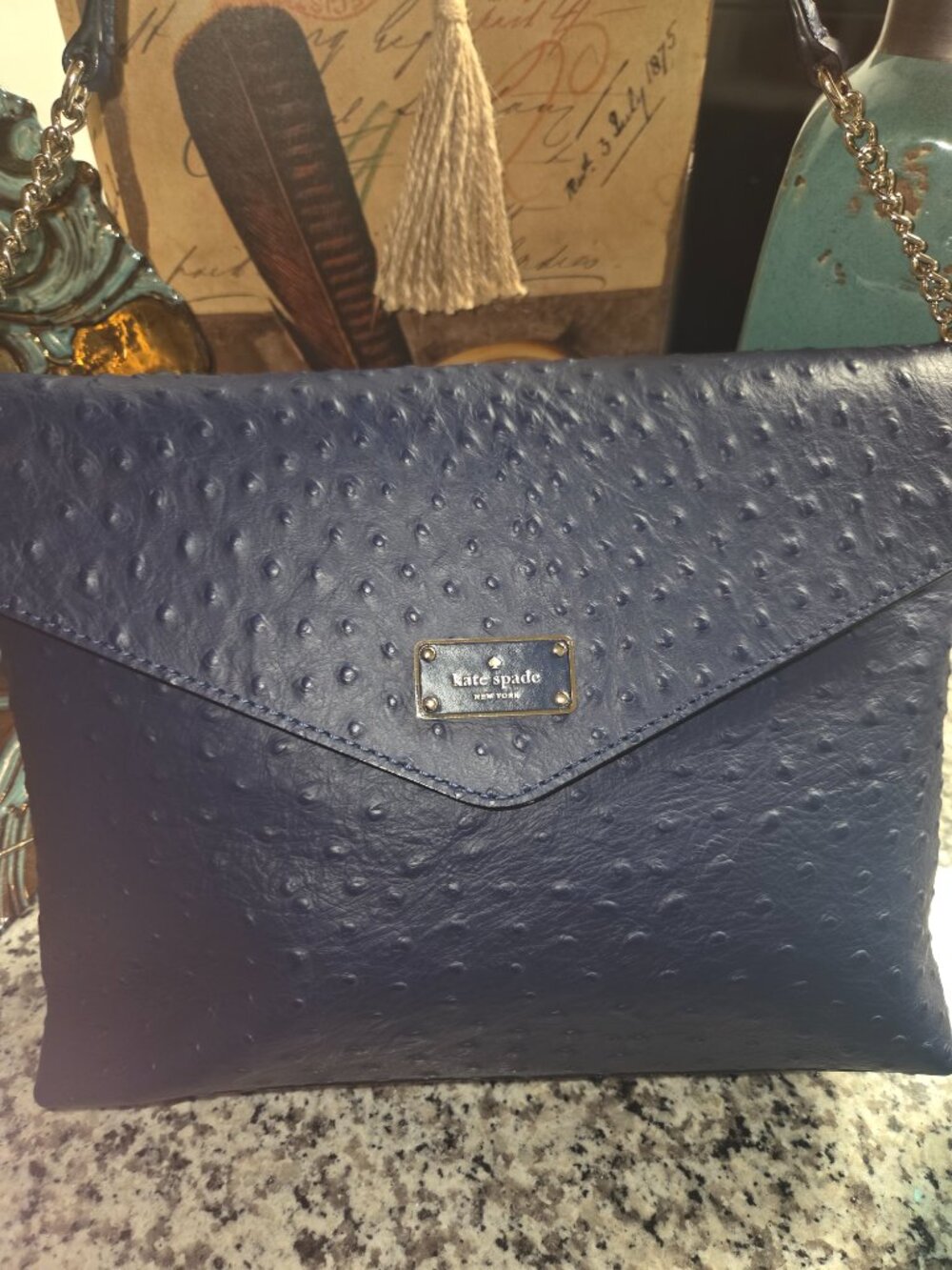 Kate Spade Navy Ostrich‑Embossed Leather Chain Shoulder Bag
